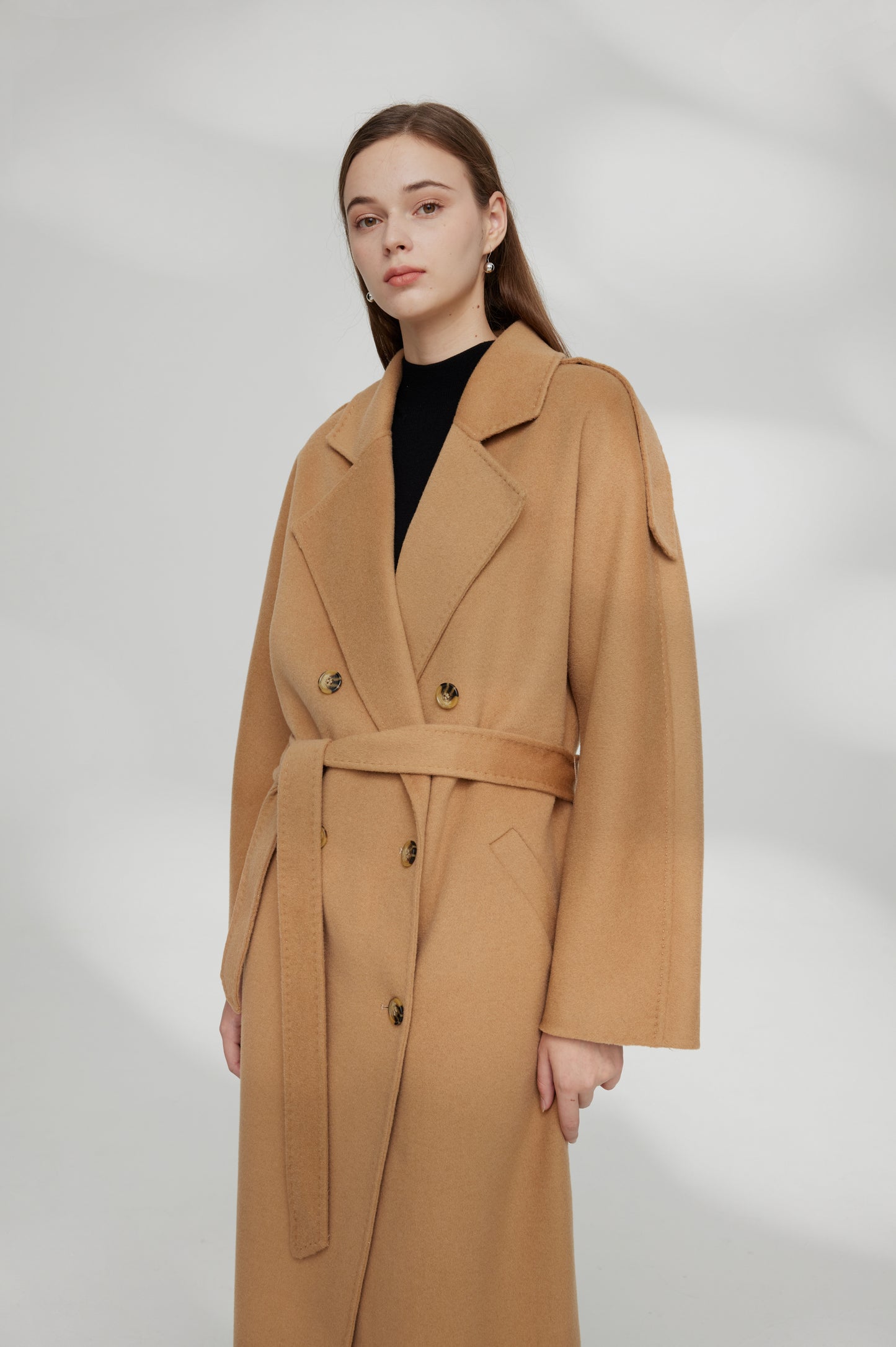 Damen doppelreihiger Wool-Trenchcoat 100% Wollmantel Schulterklappe Design